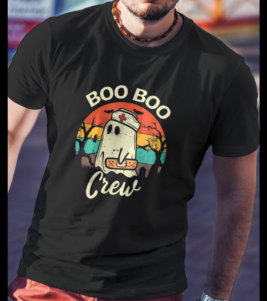 Boo Boo Crew Funny Nurse Ghost Halloween With Bats And Bandage T-Shirt