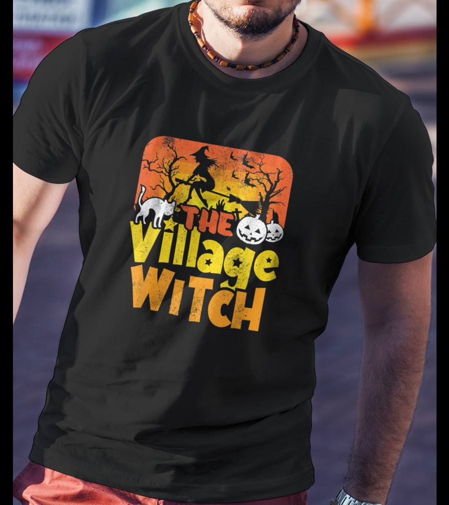 The Village Witch Funny Halloween Witch Pumpkin Cat Moon Scene T-Shirt
