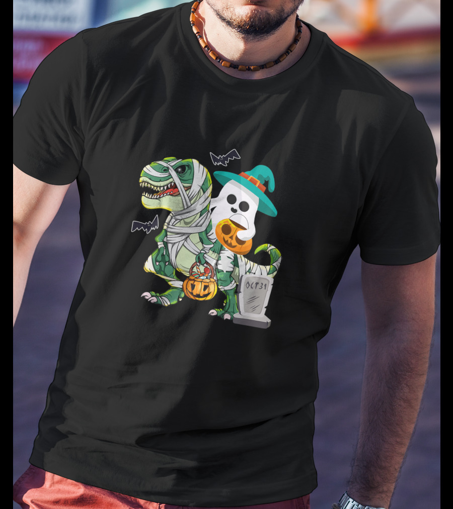 Ghostly Mummy Dinosaur With Pumpkin Candy And Oct 31 Tombstone T-Shirt