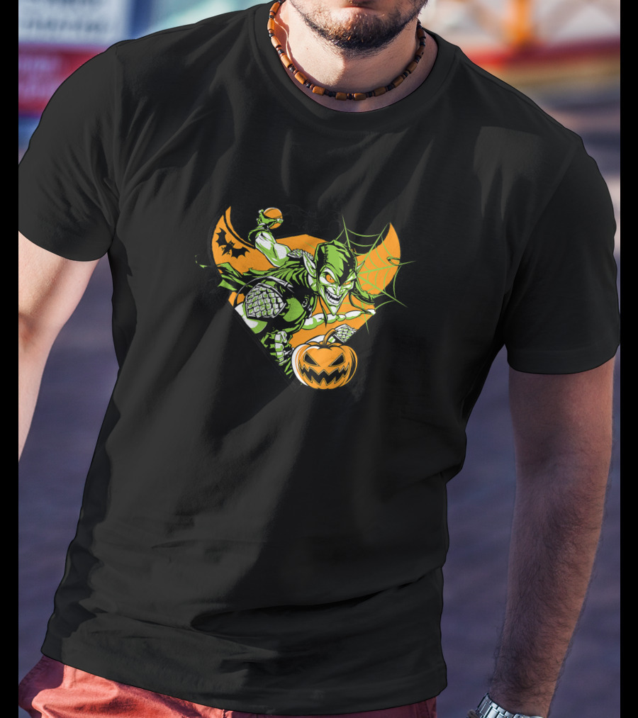 Marvel Green Goblin Pumpkin Bomb Halloween Bats Iconic Villain Orange Web T-Shirt