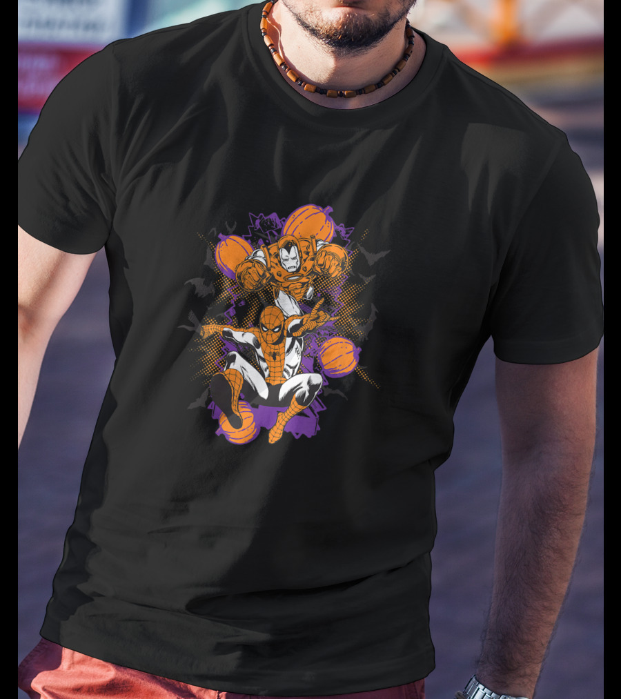 Marvel Spider-Man And Iron Man With Halloween Pumpkins T-Shirt