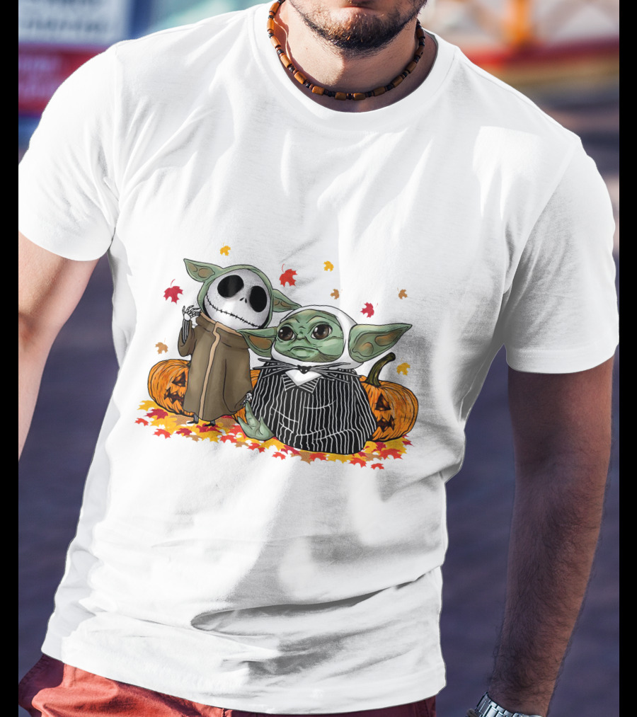 Baby Yoda And Jack Skellington In Halloween Pumpkin Scene T-Shirt
