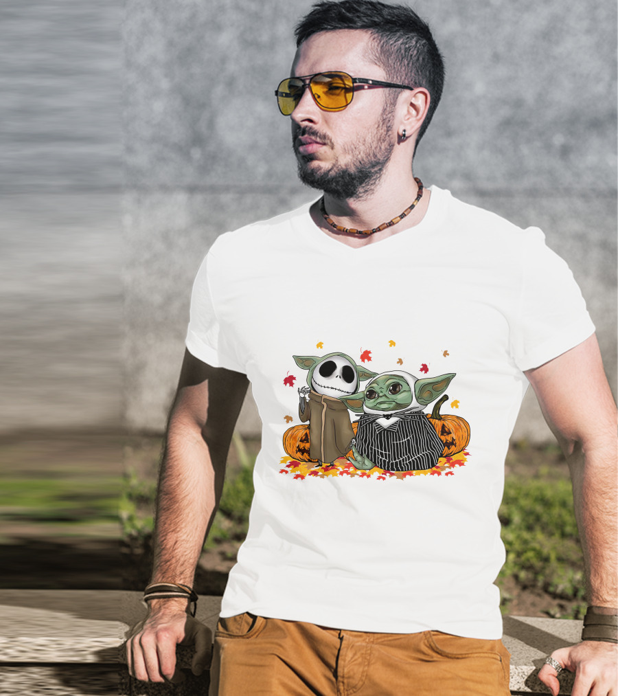 Baby Yoda And Jack Skellington In Halloween Pumpkin Scene T-Shirt