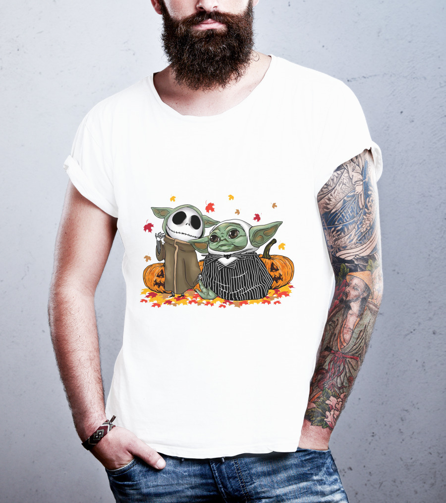Baby Yoda And Jack Skellington In Halloween Pumpkin Scene T-Shirt