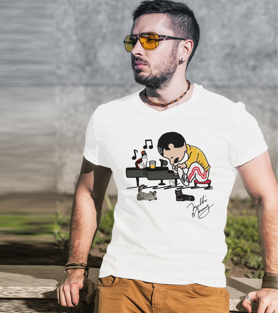 Freddie Mercury Signature With Cats And Piano Playful T-Shirt