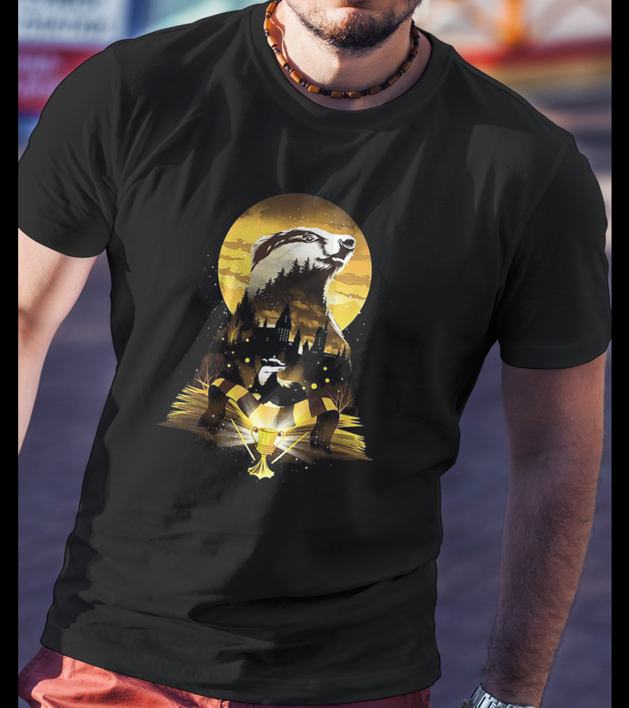 Hufflepuff Badger Hogwarts Skyline With Cup And Scarf T-Shirt