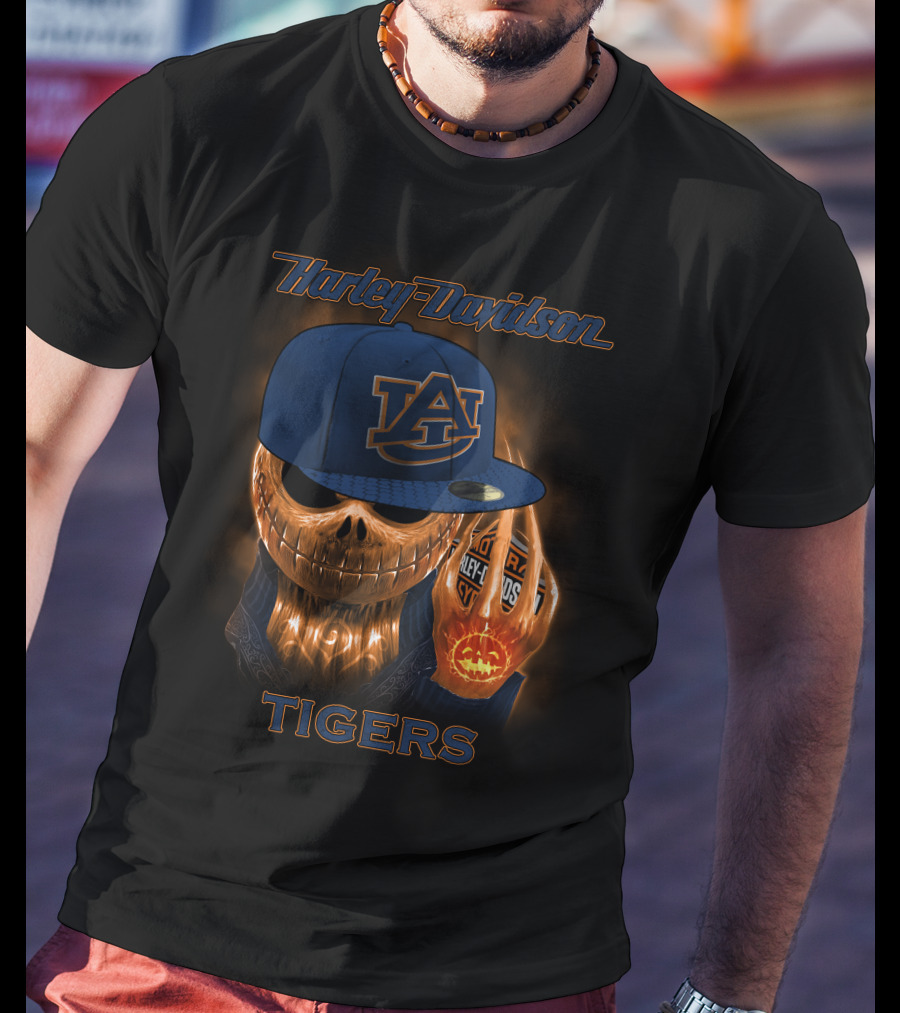 Harley Davidson Auburn Tigers Skeleton With Cap T-Shirt