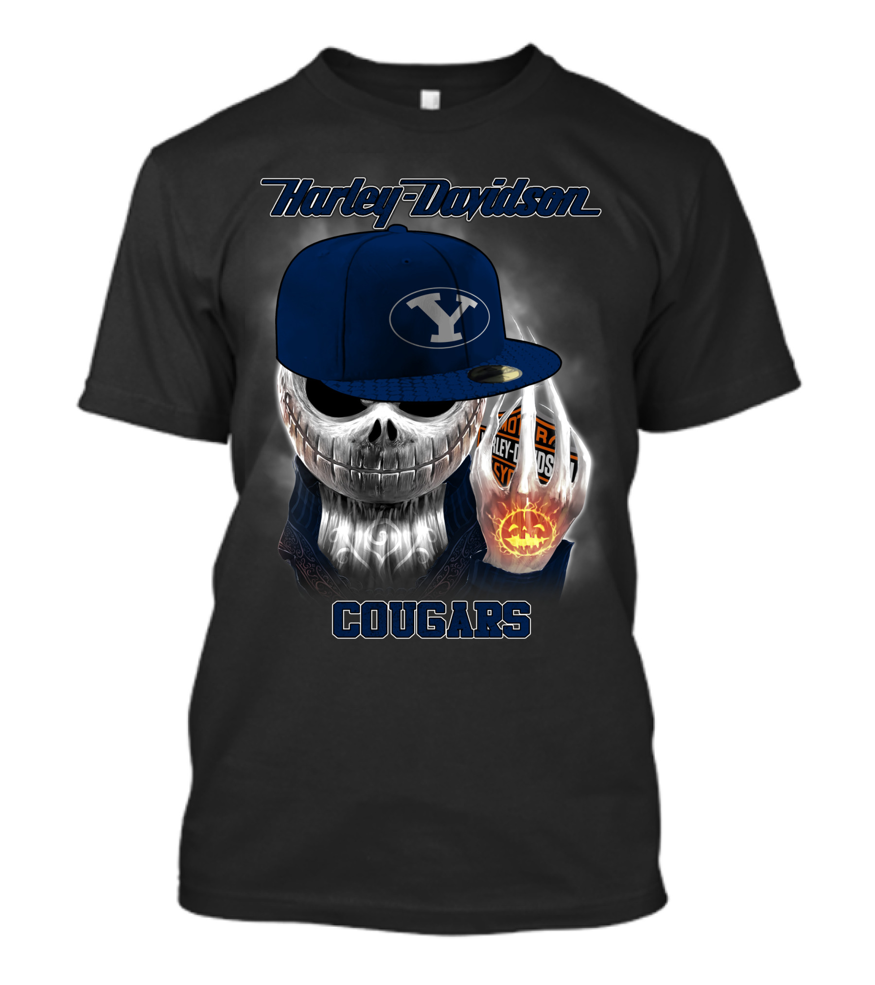 Harley Davidson Cougars Skull Wearing Byu Hat With Pumpkin And Logo Elements T-Shirt