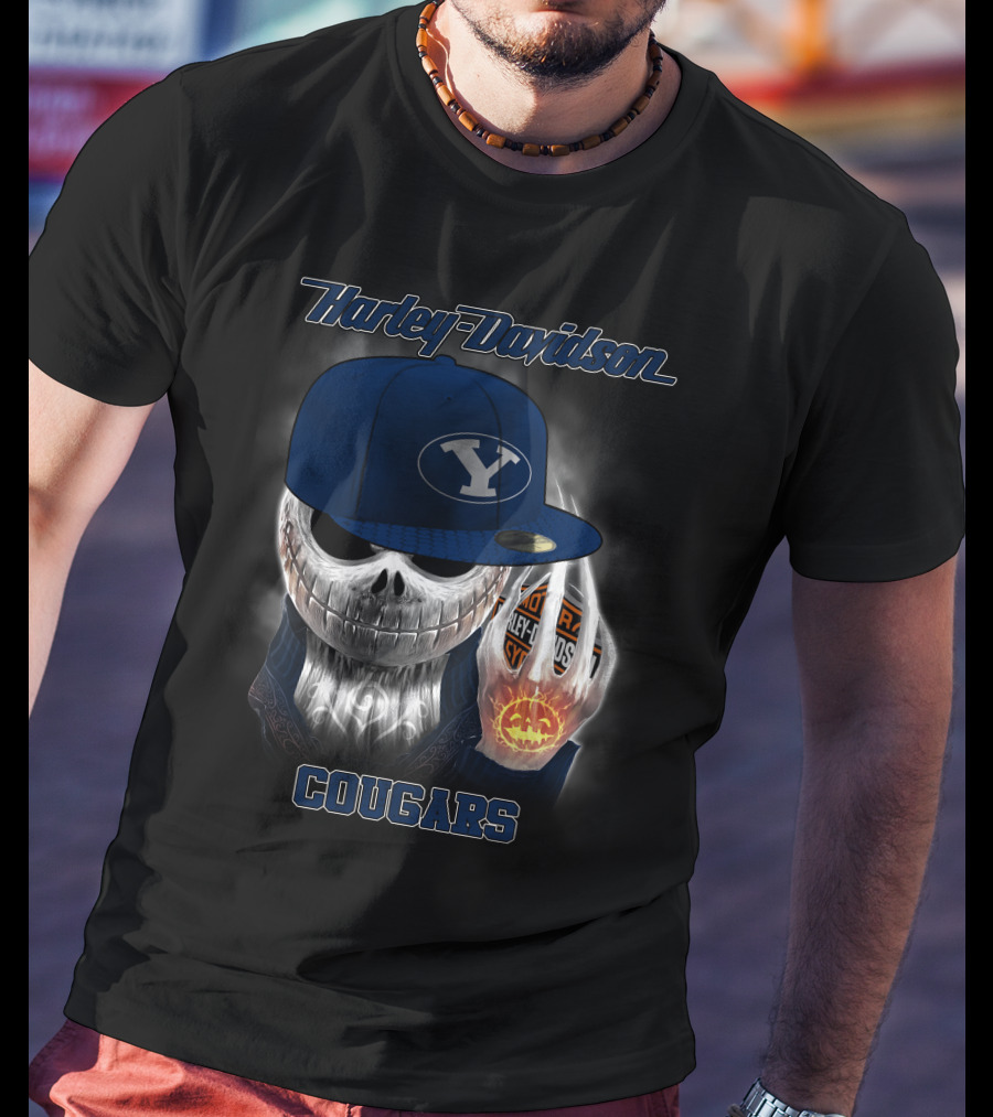 Harley Davidson Cougars Skull Wearing Byu Hat With Pumpkin And Logo Elements T-Shirt