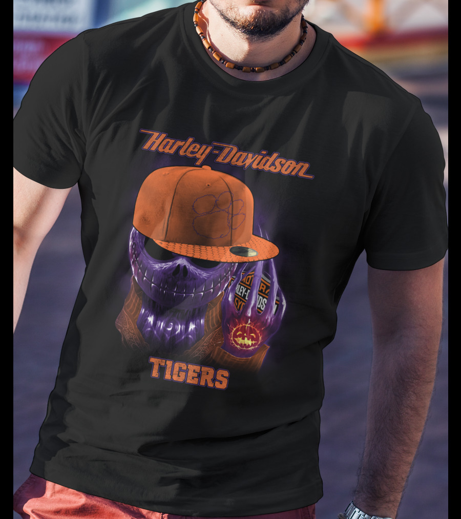 Harley Davidson Tigers Skull In Clemson Cap T-Shirt