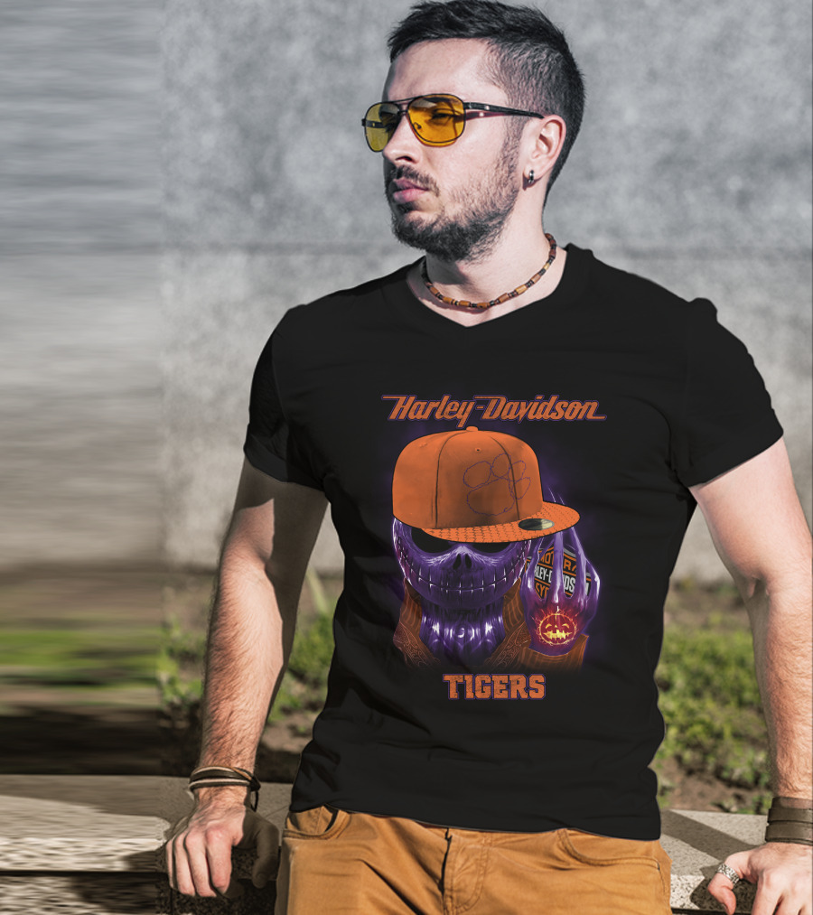 Harley Davidson Tigers Skull In Clemson Cap T-Shirt