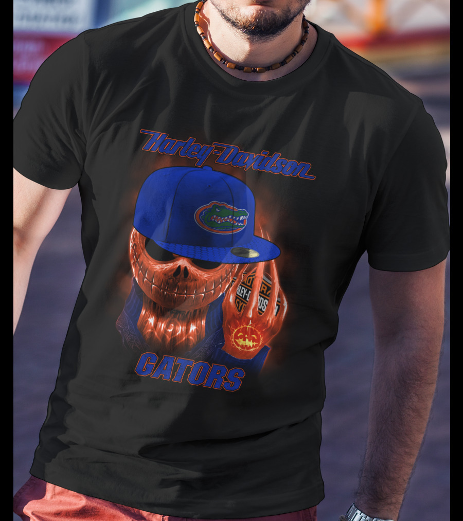 Harley Davidson Halloween Skull With Florida Gators Hat T-Shirt