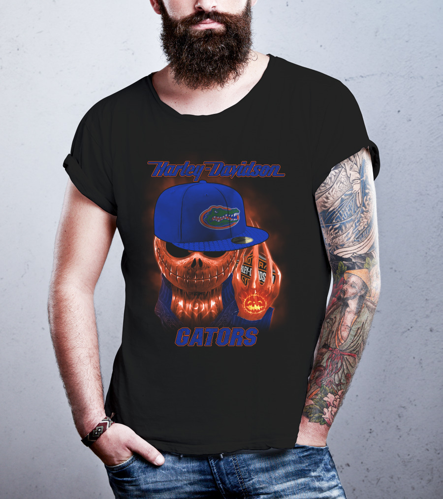 Harley Davidson Halloween Skull With Florida Gators Hat T-Shirt