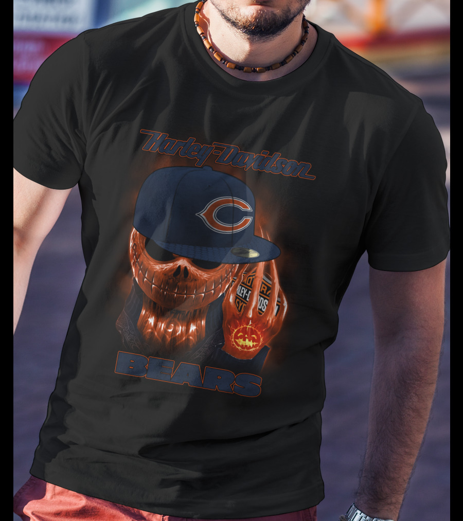 Harley Davidson Chicago Bears Halloween Pumpkin Skull T-Shirt