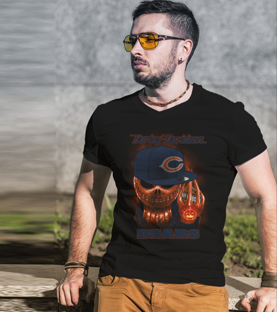 Harley Davidson Chicago Bears Halloween Pumpkin Skull T-Shirt
