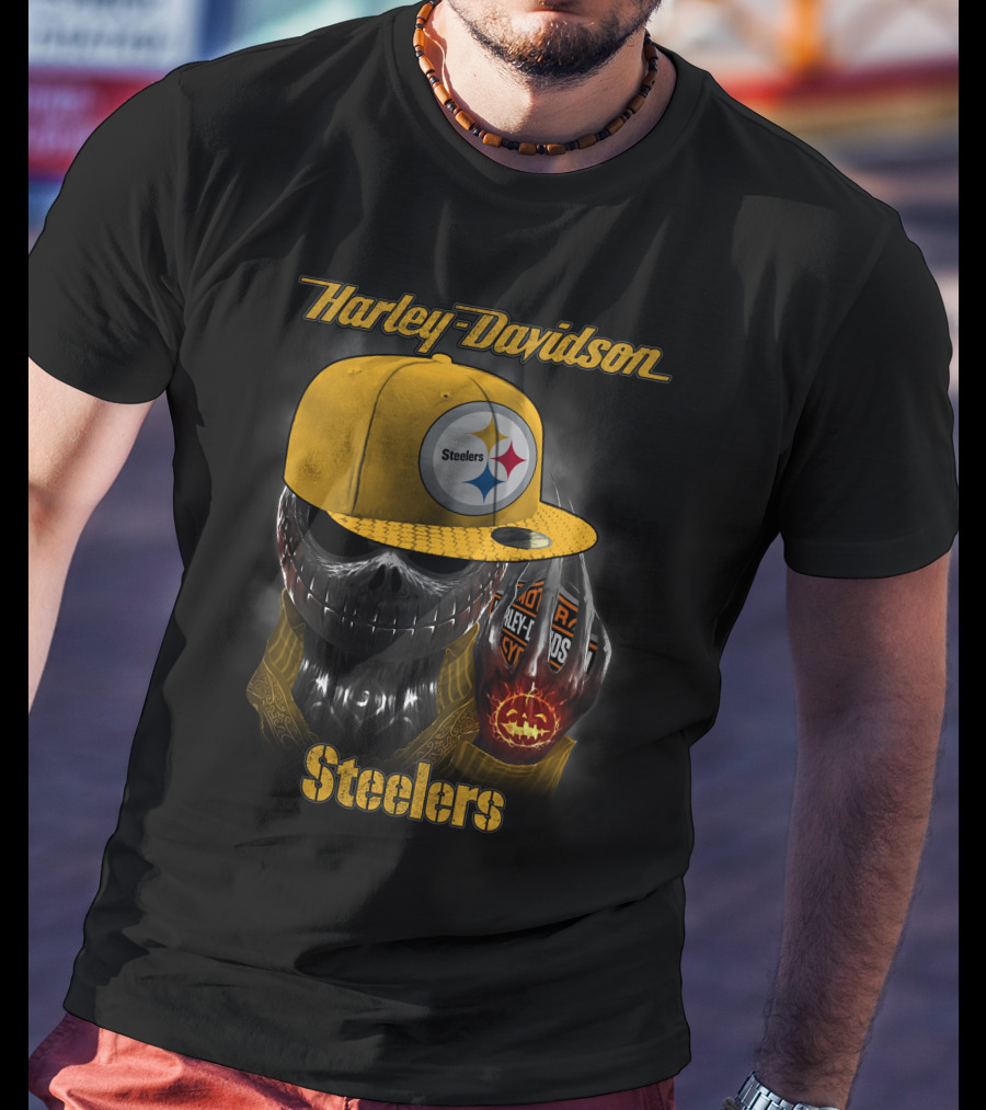 Harley Davidson Steelers Skull With Cap T-Shirt