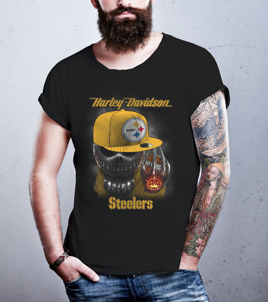 Harley Davidson Steelers Skull With Cap T-Shirt