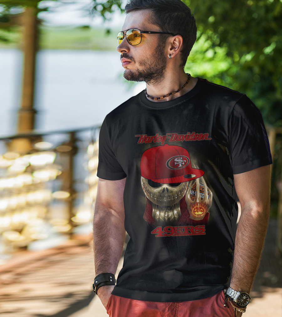 Harley Davidson Skull With San Francisco 49ers Cap T-Shirt