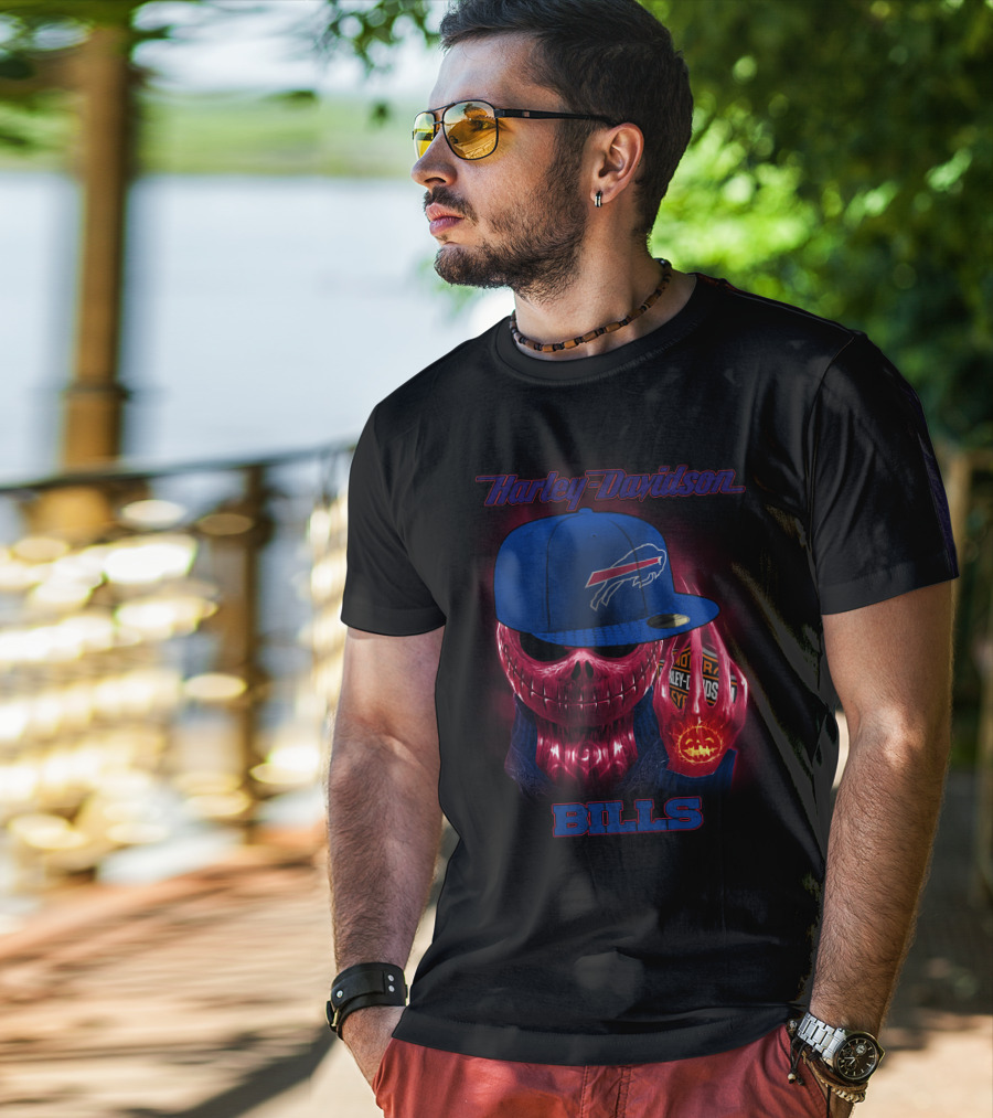 Harley Davidson Buffalo Bills Skeleton With Cap Halloween T-Shirt