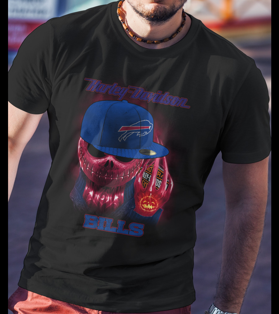 Harley Davidson Buffalo Bills Skeleton With Cap Halloween T-Shirt