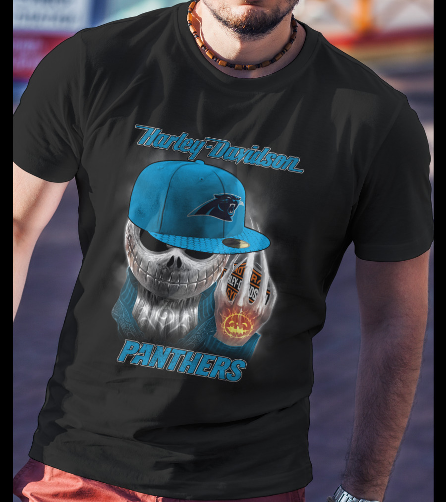 Harley Davidson Panthers Skull In Carolina Panthers Cap With Fiery Pumpkin And Harley Hand T-Shirt
