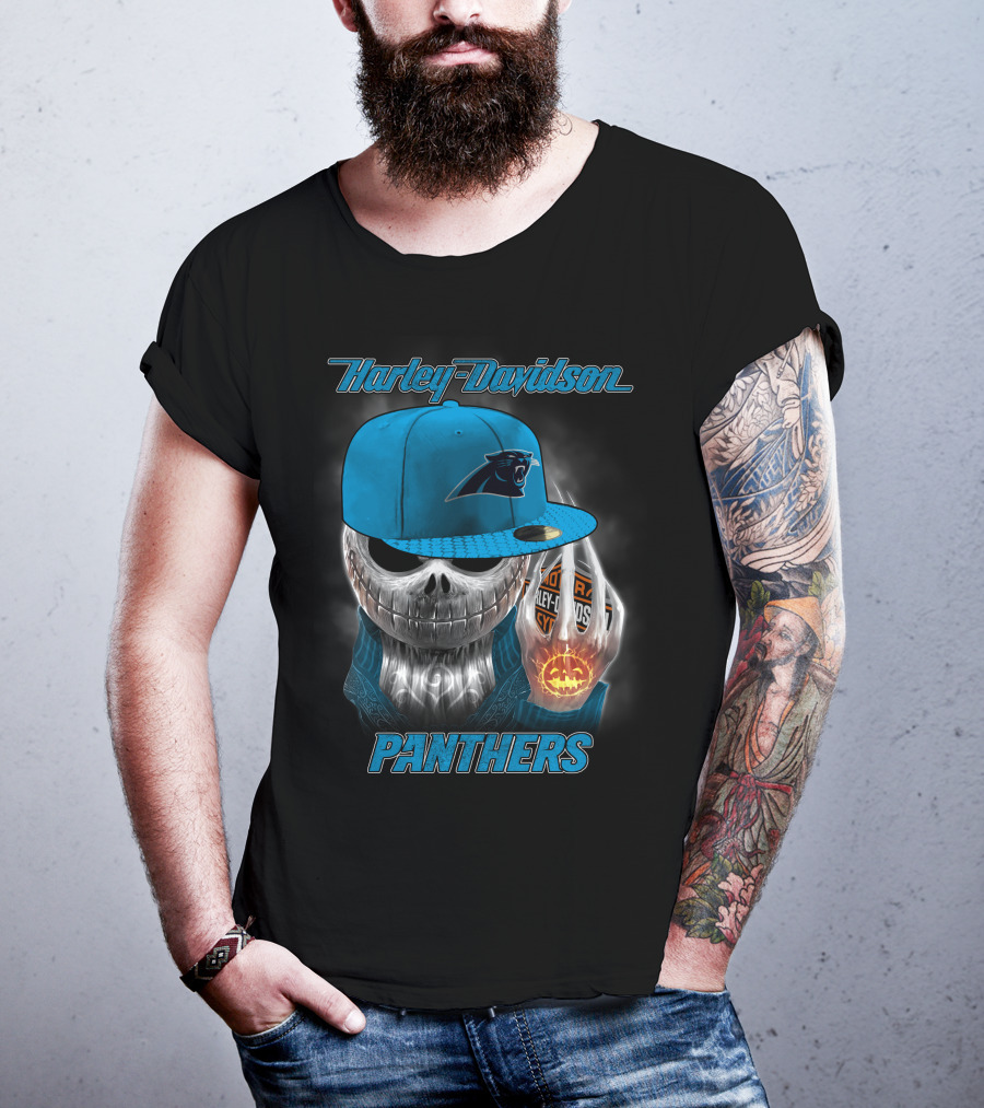 Harley Davidson Panthers Skull In Carolina Panthers Cap With Fiery Pumpkin And Harley Hand T-Shirt