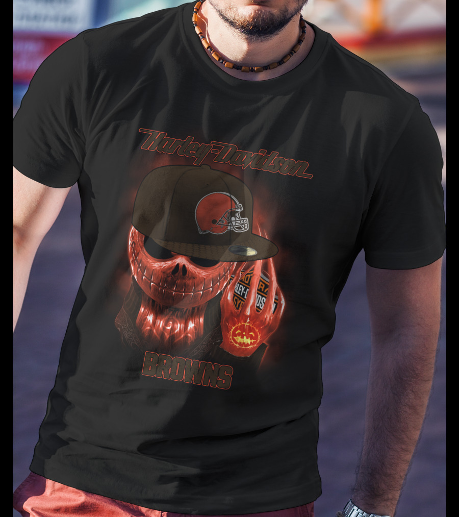 Harley Davidson Cleveland Browns Skeleton With Helmet Cap T-Shirt
