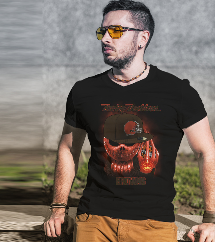 Harley Davidson Cleveland Browns Skeleton With Helmet Cap T-Shirt
