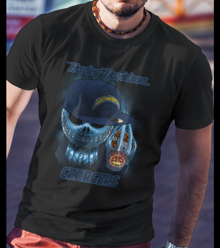 Harley Davidson Los Angeles Chargers Halloween Skeleton With Cap T-Shirt