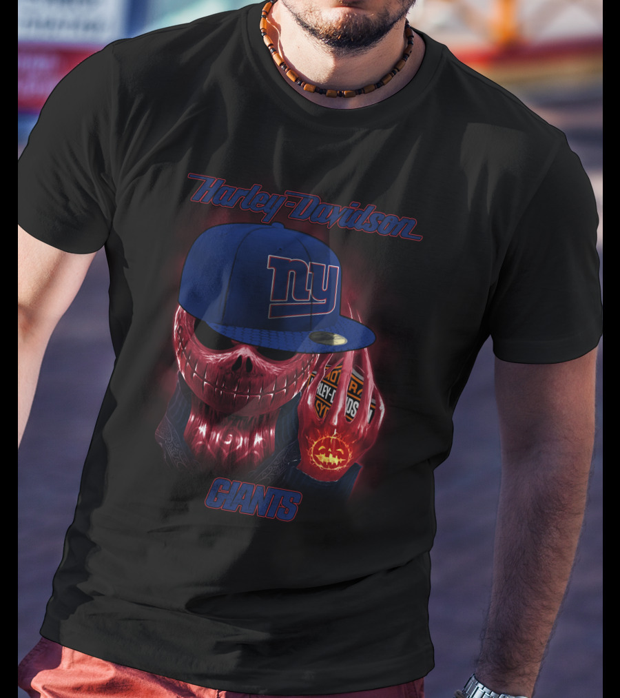 Harley Davidson New York Giants Skull With Cap And Pumpkin Lights T-Shirt