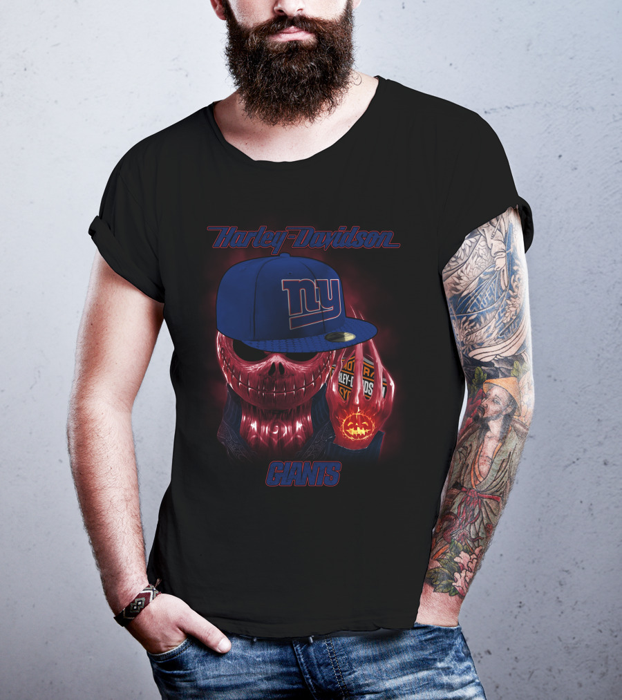 Harley Davidson New York Giants Skull With Cap And Pumpkin Lights T-Shirt