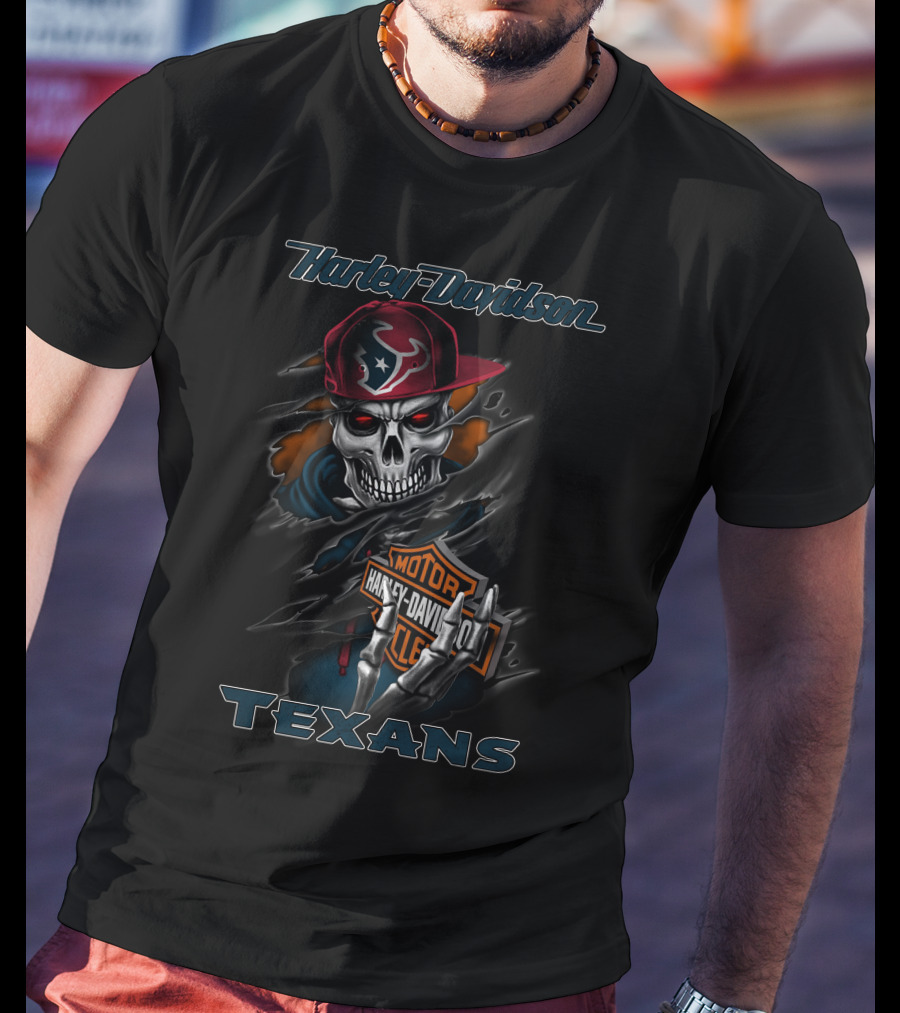 Harley Davidson Texans Skull With Houston Texans Cap T-Shirt