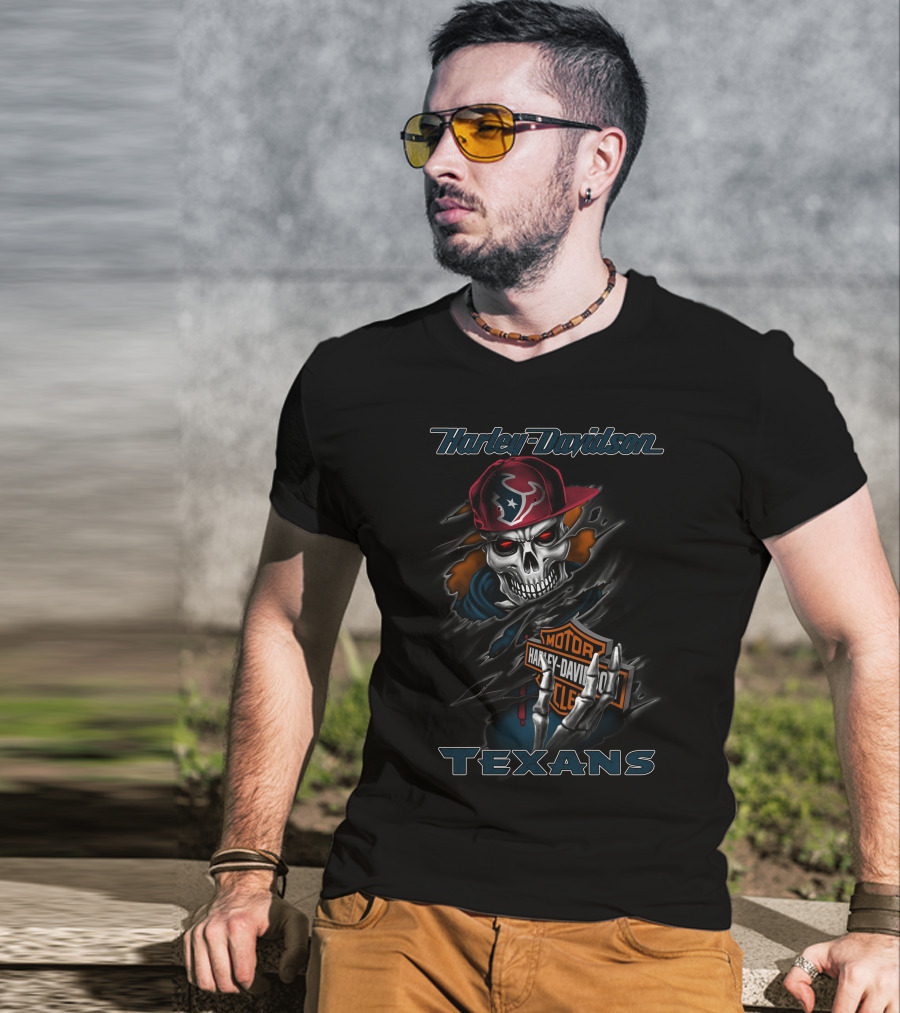 Harley Davidson Texans Skull With Houston Texans Cap T-Shirt