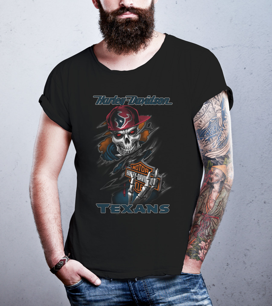 Harley Davidson Texans Skull With Houston Texans Cap T-Shirt
