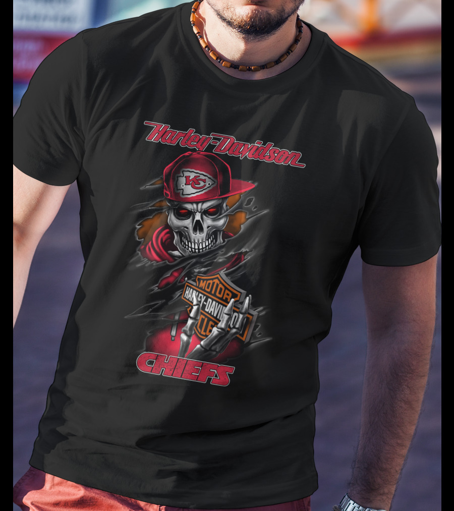 Harley Davidson Kansas City Chiefs Skull Icon With Cap T-Shirt
