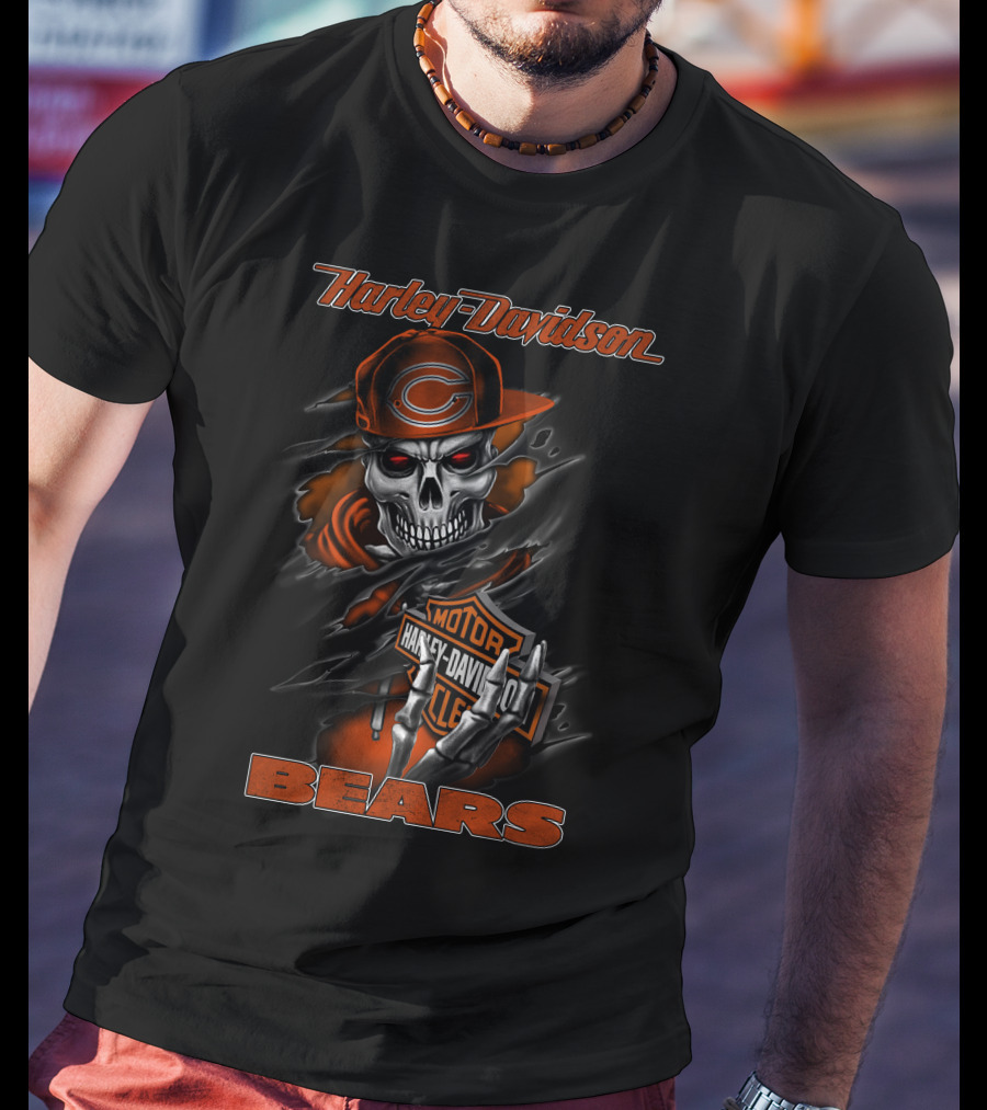 Harley Davidson Bears Skull With Chicago Orange Cap And Motor T-Shirt