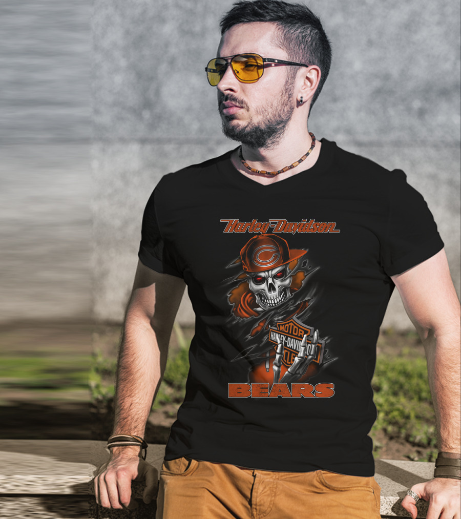 Harley Davidson Bears Skull With Chicago Orange Cap And Motor T-Shirt