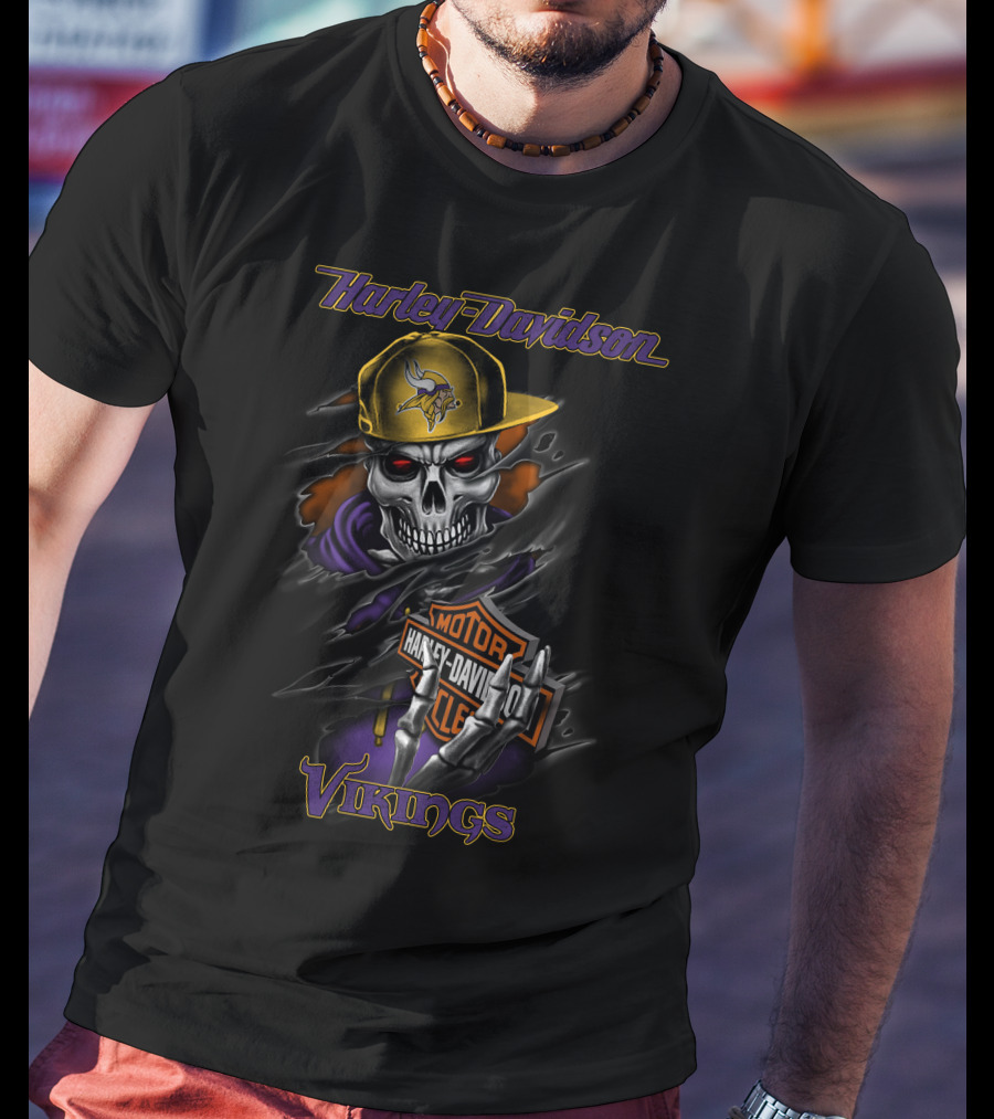 Harley Davidson Vikings Skull In Cap With Motorcycle T-Shirt