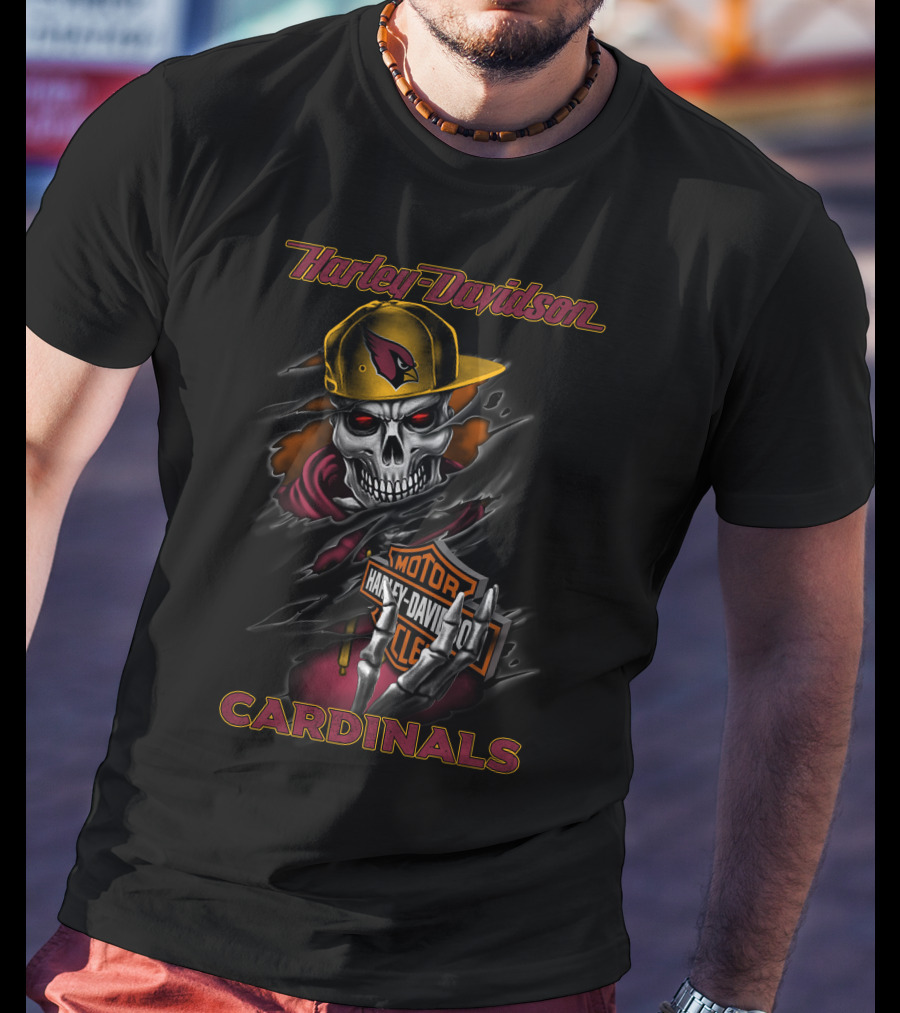Harley Davidson Cardinals Skull In Cap With Motorcycles T-Shirt