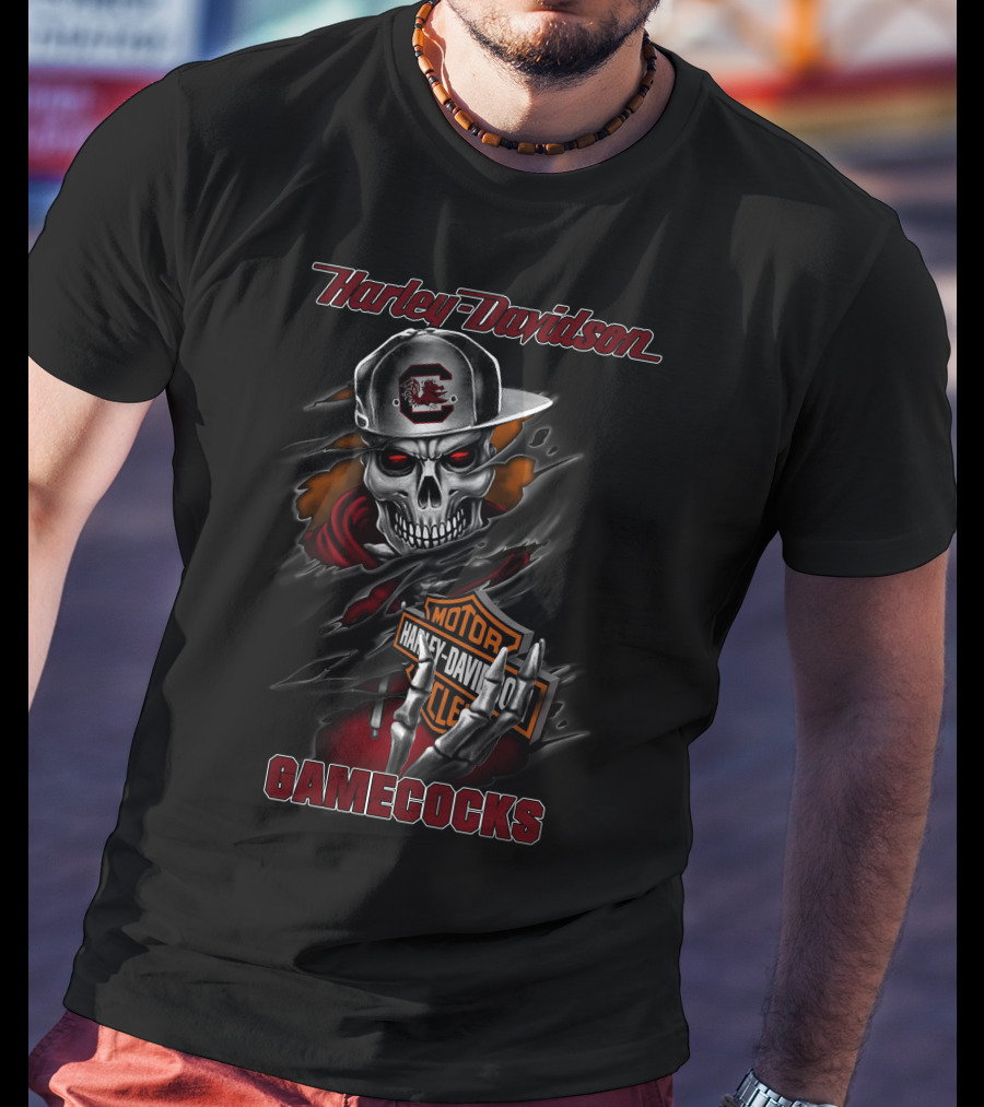 Harley Davidson Gamecocks Skull With Cap T-Shirt