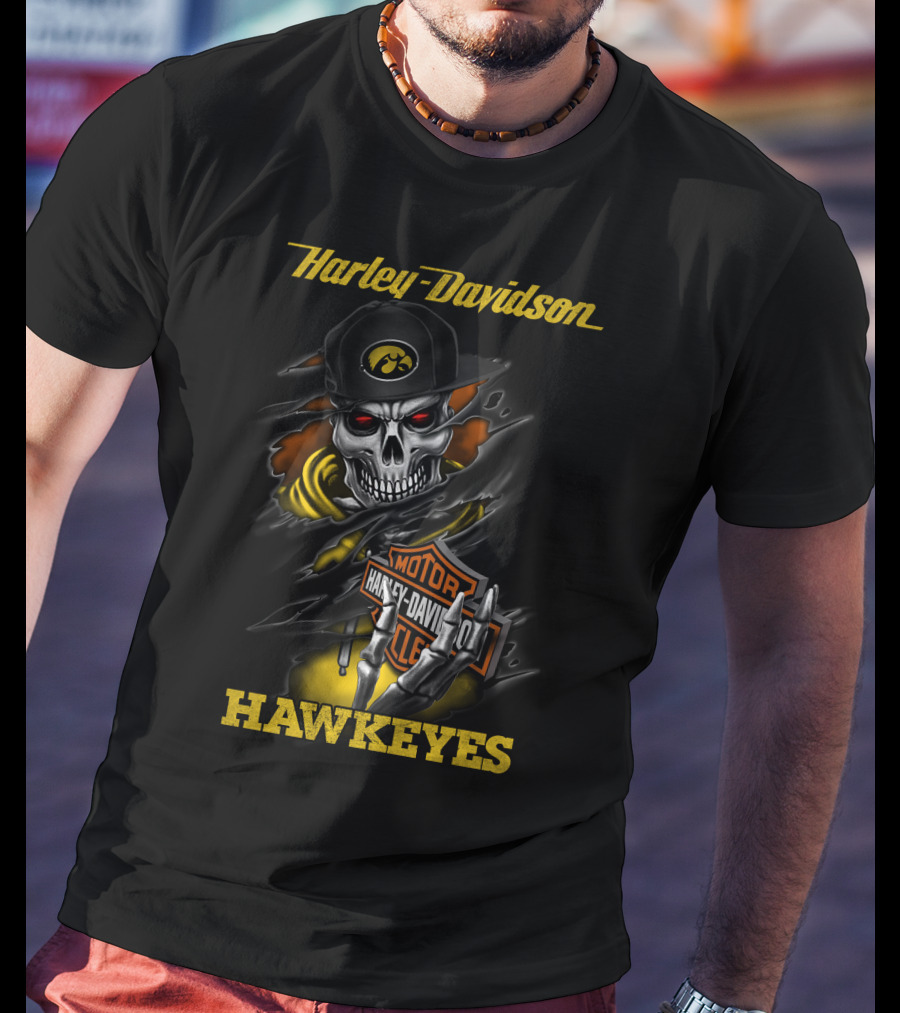 Harley Davidson Hawkeyes Skull With Iowa Logo And Motorcycle T-Shirt