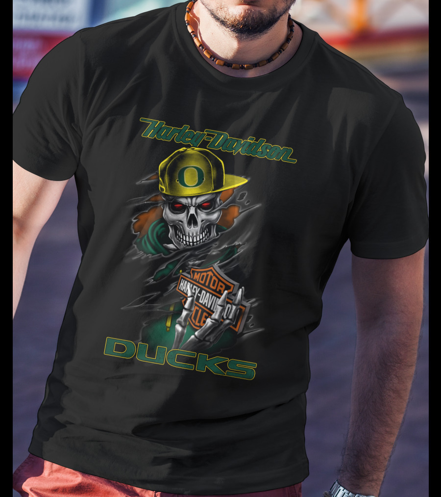 Harley Davidson Ducks Skull With Oregon Cap And Motor Harley Davidson Cycles T-Shirt