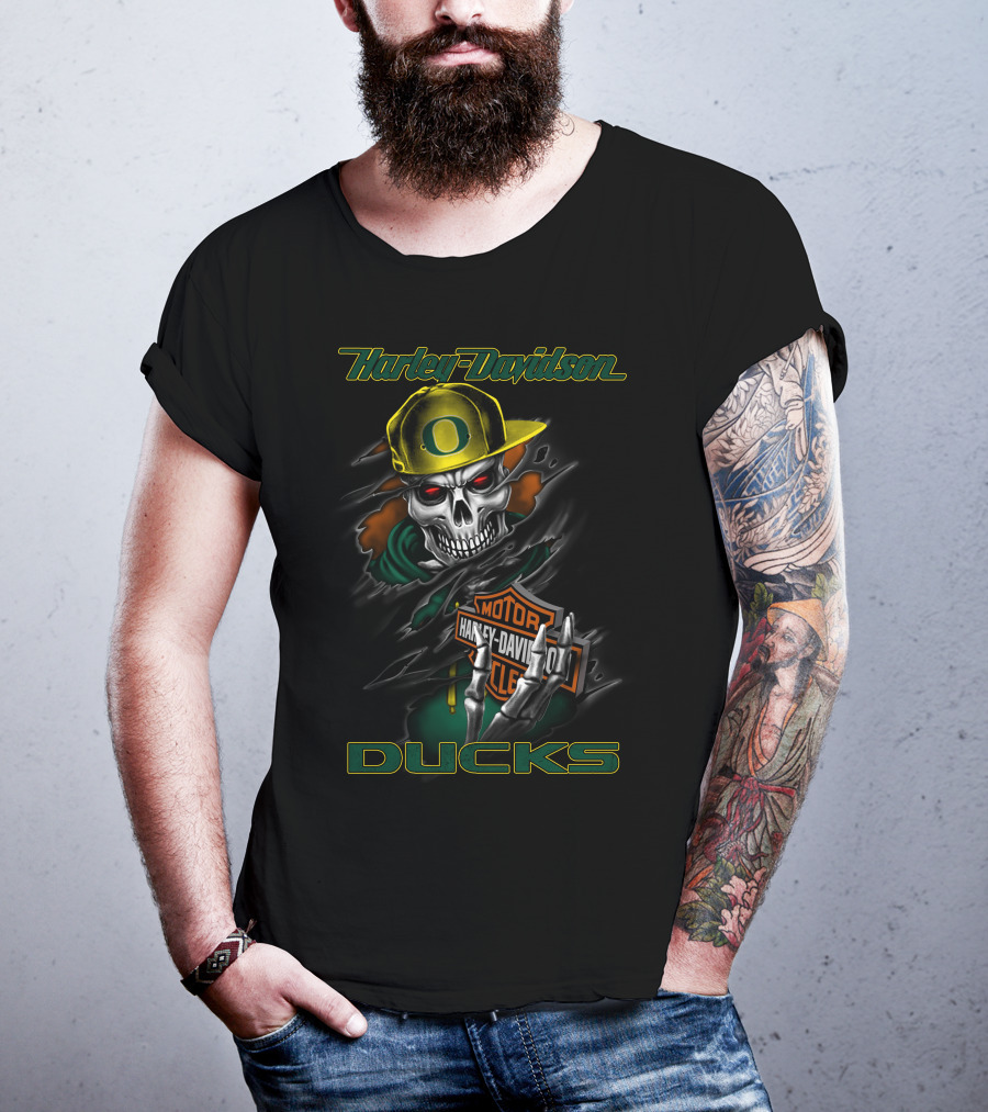Harley Davidson Ducks Skull With Oregon Cap And Motor Harley Davidson Cycles T-Shirt