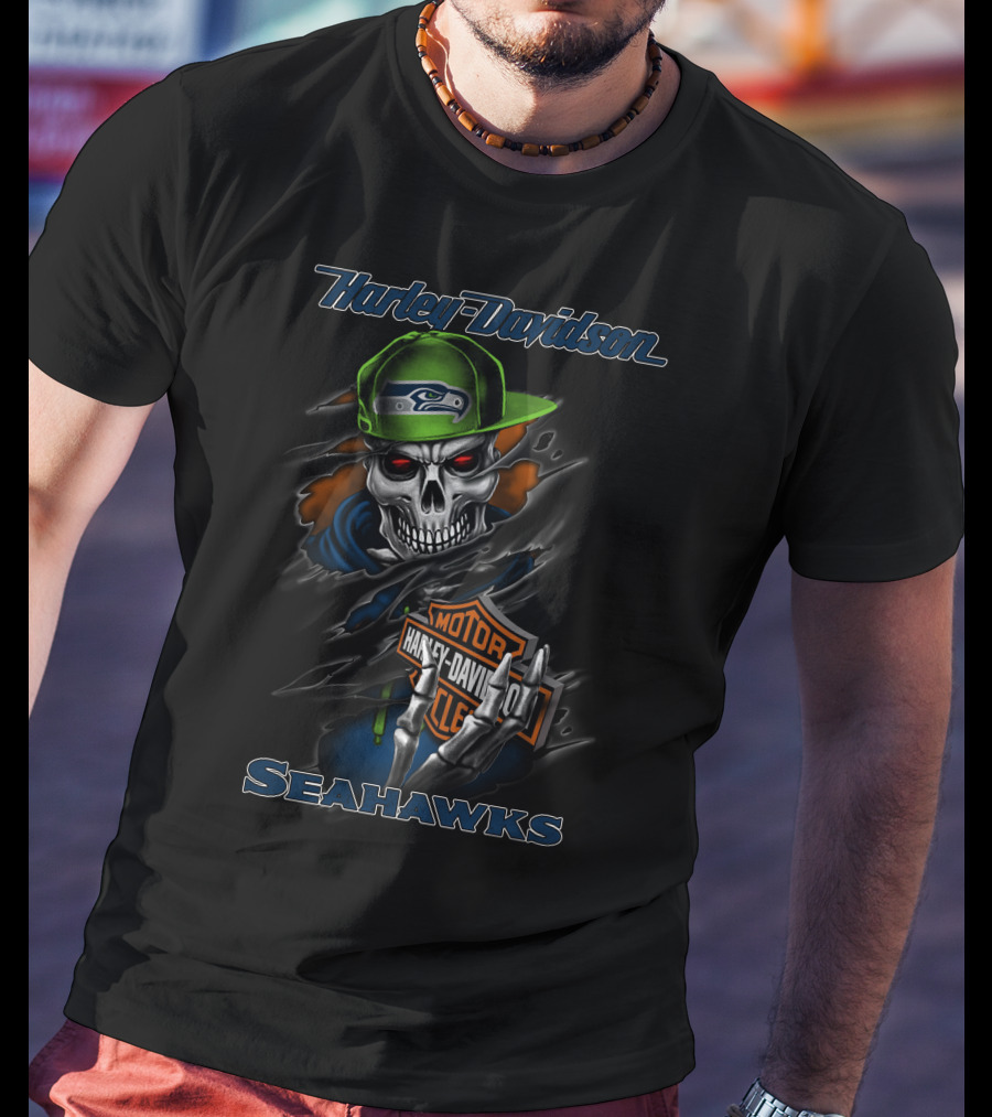 Harley Davidson Seattle Seahawks Skull With Hat And Motorcycle Moto Symbol T-Shirt