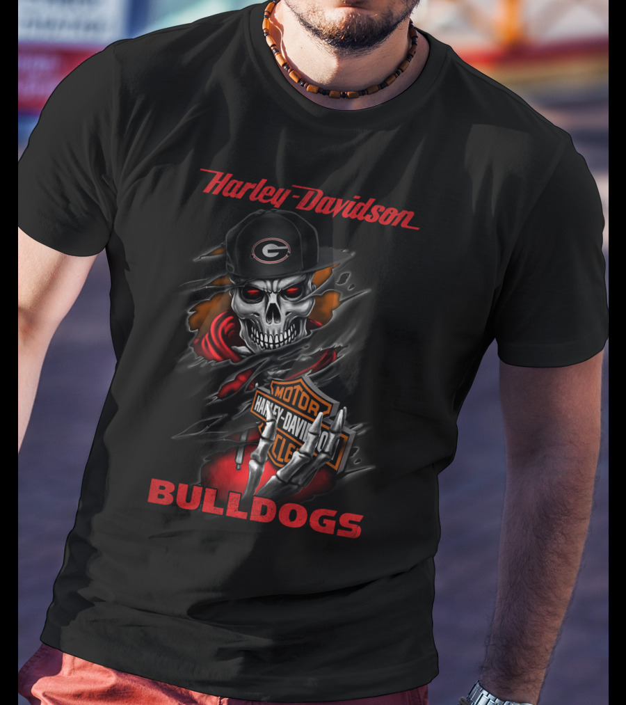 Harley Davidson Georgia Bulldogs Skeleton With Motor T-Shirt