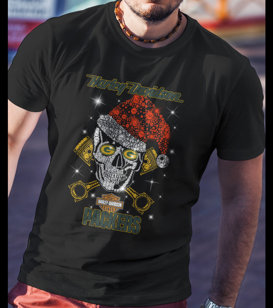 Harley Davidson Packers Skull Santa Hat Hd1026 Green Bay Packers T-Shirt
