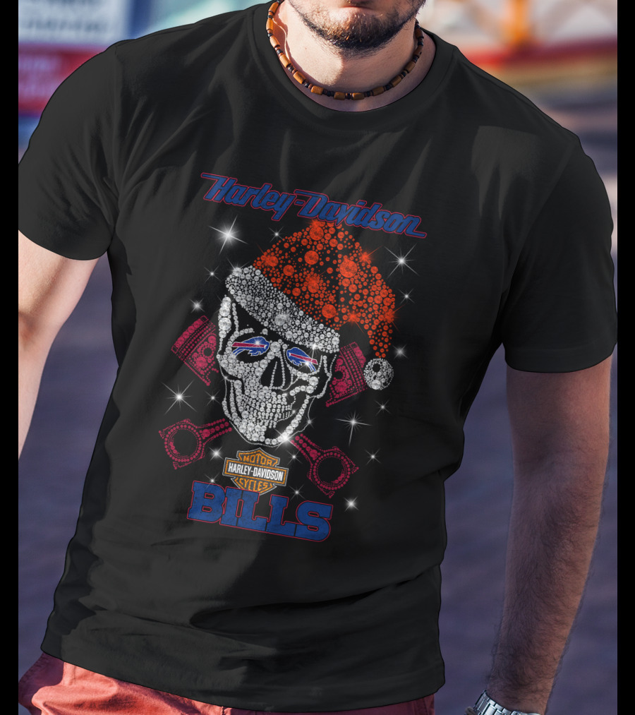 Harley Davidson Motor Cycles Santa Skull Buffalo Bills T-Shirt
