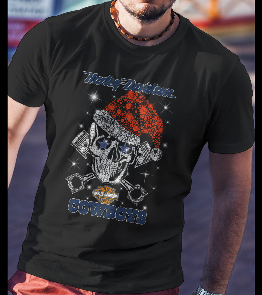 Harley Davidson Motor Cycles Cowboys Christmas Skull Santa Hat T-Shirt