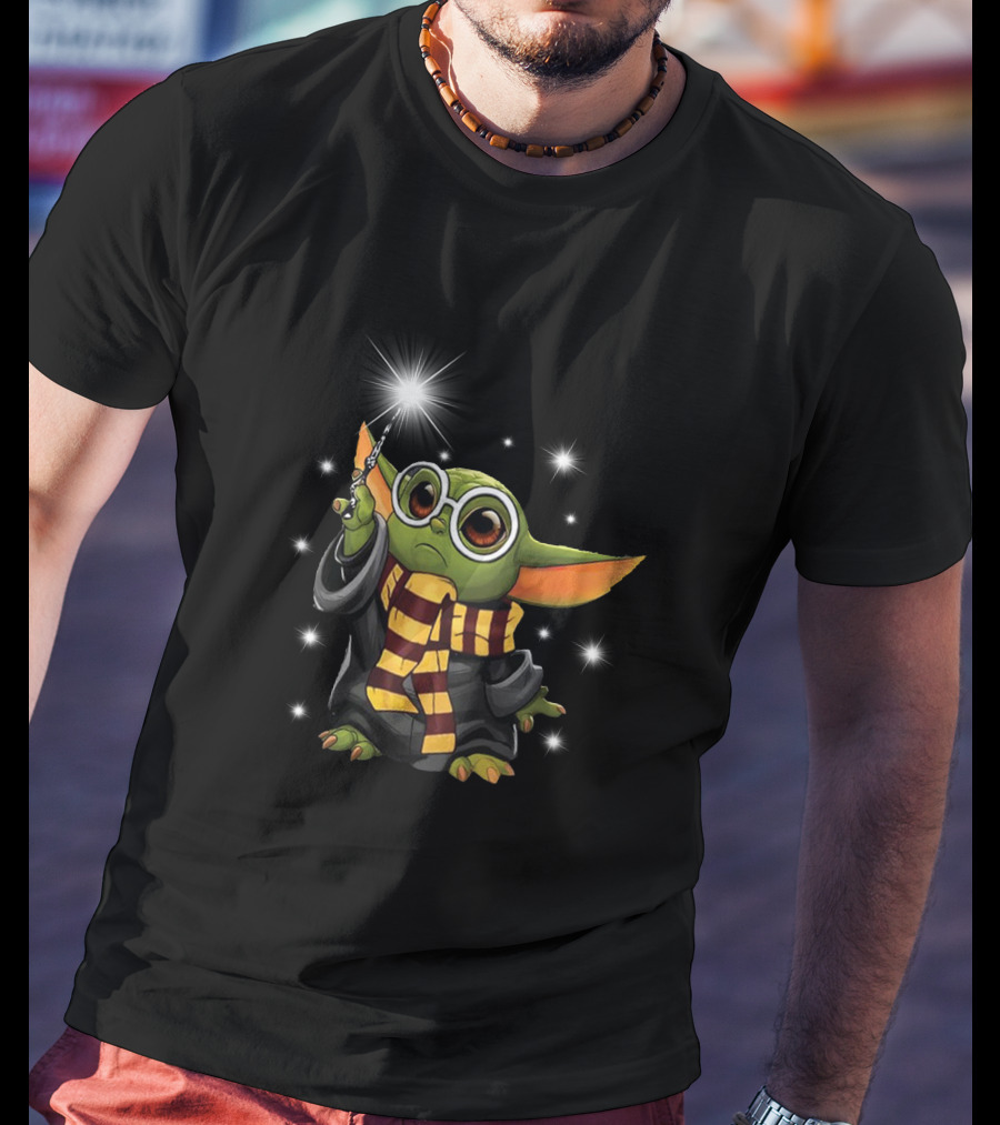 Wand Holding Grogu In Wizard Robe And Scarf With Glasses T-Shirt