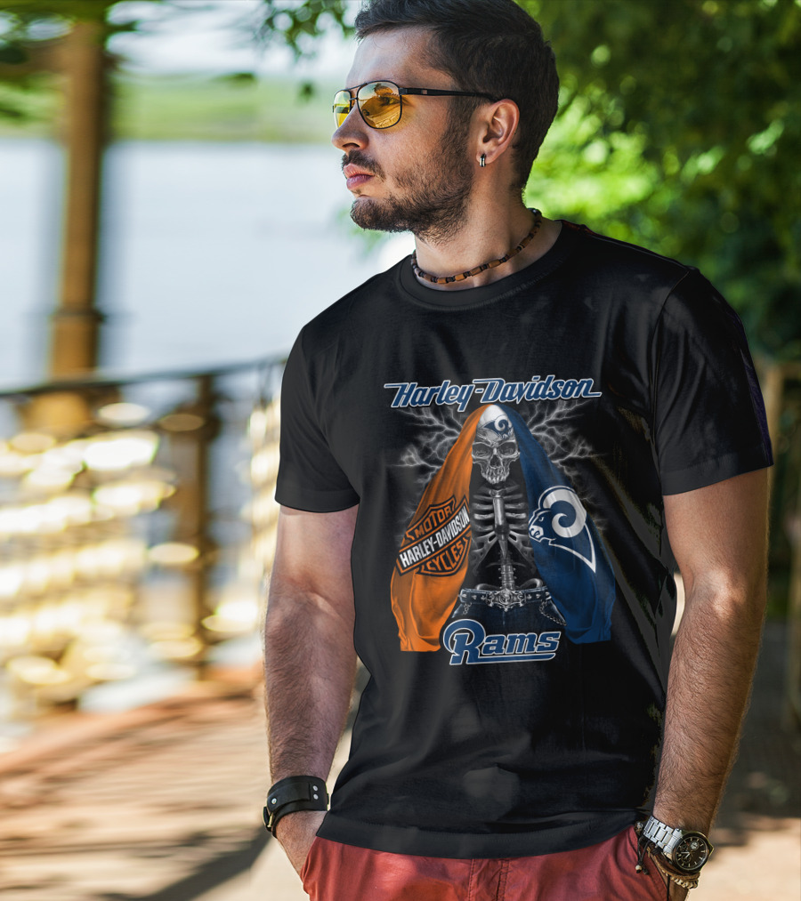 Harley Davidson Los Angeles Rams Motorcycles Skeleton T-Shirt